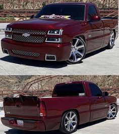 two pictures of a red truck with chrome rims