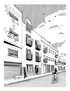 a black and white drawing of two people on bicycles in front of some apartment buildings