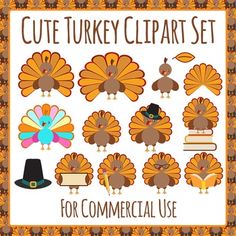 the cute turkey clipart set for commercial use is shown in orange and brown colors