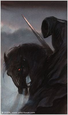 a man riding on the back of a horse next to a giant black demon with two swords