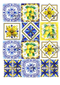 some blue and yellow tiles with flowers on them