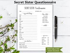 the secret sister question sheet is next to a pen and flowers