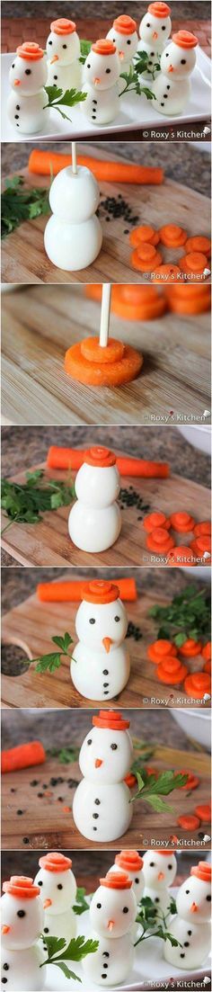 snowmen made out of carrots on a wooden table