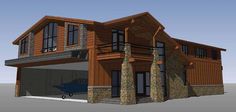 a 3d rendering of a two story house with an airplane parked in the garage area