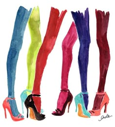 four pairs of high heeled shoes are painted in different colors and sizes, each with their own shoelaces