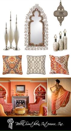 an assortment of home decor items including lamps, mirrors and vases in various colors