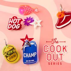 the cook out series includes hot dogs, hamburgers and other food items on a pink background