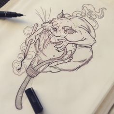 a drawing of a rat on a sheet of paper next to a pen and ink