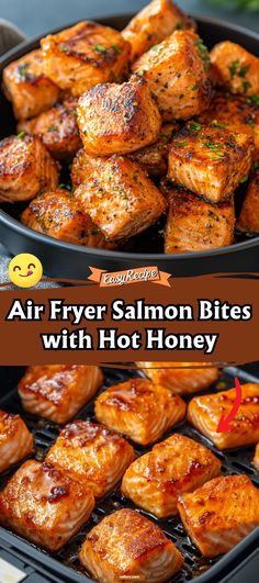 air fryer salmon bites with hot honey in the middle and on the other side