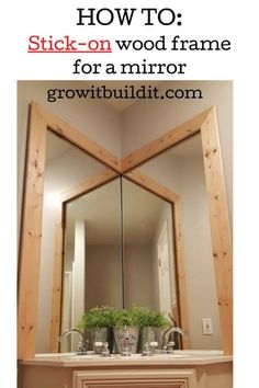 a mirror sitting on top of a wooden table next to a dresser and potted plant