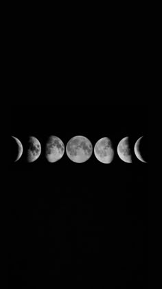 five phases of the moon are shown in this black and white photo, as well as one