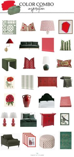 a collage of red and green furniture in different styles, colors, and sizes