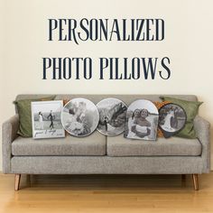 the personalized photo pillows are arranged on a couch in front of a white wall