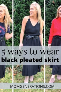 Black Broomstick Skirt Outfit, Black Pleated Skirt Wedding Guest, Styling Black Pleated Midi Skirt, How To Wear A Pleated Skirt Winter, What To Wear With Black Pleated Skirt, Black Pleat Skirt Outfit, Pleated Skirt Black Outfit, Pleated Black Leather Skirt Outfit, Black Accordion Skirt Outfit