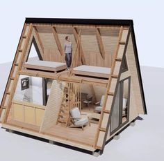 a woman is standing on the top floor of a tiny house that's made out of wood