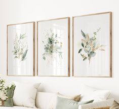 three framed art prints hanging on the wall above a white couch with pillows and flowers