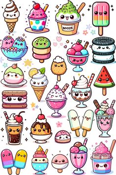 an assortment of cartoon ice creams and desserts