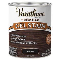 a can of varathape gel stain with wood grain in the bottom corner