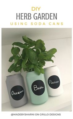 three jars with plants in them sitting on a shelf next to each other and the words diy herb garden using soda cans