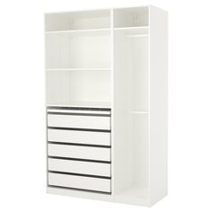 a white bookcase with drawers and shelves