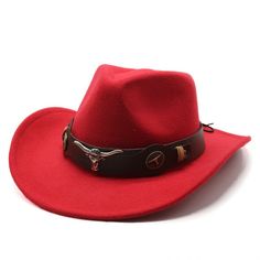 Red Western Cowboy, Cowgirl Hat, Bull Horns Strap, Men Women Retro Wide Brim Fitted Red Casual Hat, Casual Red Adjustable Fedora, Red Fedora With Curved Brim, Casual Adjustable Red Fedora, Casual Felt Rodeo Cap, Casual Felt Cap For Rodeo, Casual Felt Cap For Country Events, Red Adjustable Winter Felt Hat, Casual Red Fitted Fedora