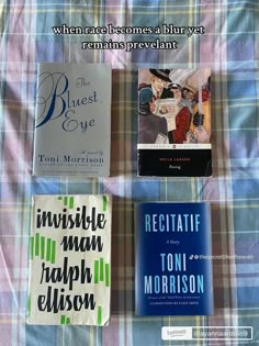 three books are laying on a plaid blanket and one is in the process of being read