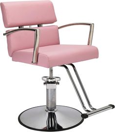 a pink office chair with chrome legs and armrests on a metal base, against a white background