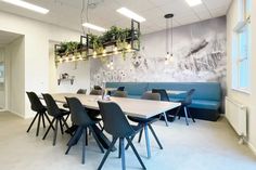 a long table with blue chairs and plants hanging from it's ceiling in an office setting