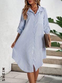 SHEIN VCAY Impressão Listrada Bolso Remendado Vestido Camiseta | SHEIN Brasil Patched Shirt, Blue And White Striped Shirt Dress, Shirt Collar Types, Curved Hem Shirt, Button Front Shirt Dress, Patches Shirt, Pet Dress, Shein Dress