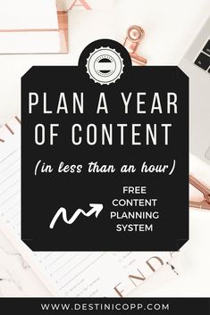 a black and white flyer with the words plan a year of content in less than an hour