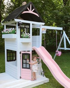 Girls Playhouse Outdoor, Playroom Paint Colors, Playroom Paint, Kids Cubby Houses, Backyard Playset, Girls Playhouse, Kids Backyard Playground, Slide Rock, Play Area Backyard