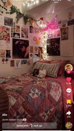 a bed room with a neatly made bed and lots of pictures on the wall above it