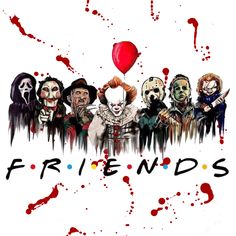 a group of clowns with the word friends in front of them and a red balloon