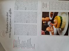 an article in a magazine about food being eaten by someone holding a fork and spoon