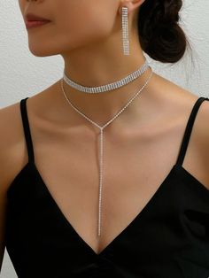 1pc Double Layered Rhinestone Y-shape Necklace + 1pair Rhinestone Decor Fancy Evening Party Earrings | SHEIN USA Prom Dress Accessories Jewelry, Prom Jewlrey Looks, Elegant Necklaces Classy, Prom Accessories Jewelry, Gala Accessories, Prom Jewellery, Prom Jewelry, Party Necklace