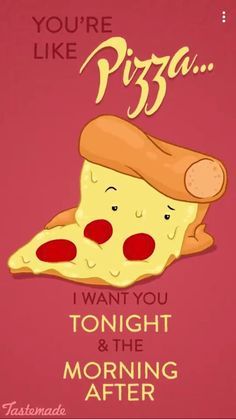 a piece of pizza with the words you're like pika i want you tonight and the morning after