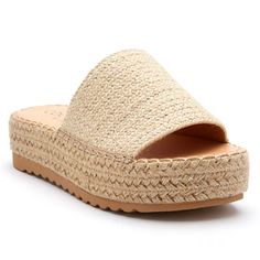 The Del Mar platform sandal is beach-ready with its all-over braided raffia design and a thick single band that lends itself to casual wear.  Details: PETA-approved vegan. Braided raffia upper. Manmade outsole. 1.75 in / 4.45 cm heel. 1.5 in / 3.81 cm platform. Synthetic leather lining. Padded insole. Whole sizes only; Jute Design, Raffia Sandals, Fashion Shoes Sandals, Espadrilles Platform, Platform Espadrilles, Mens Sandals, Sandal Espadrille, Slide Sandals, Platform Sandals