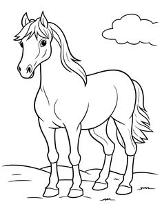 a horse that is standing in the grass with clouds behind it, coloring pages for kids