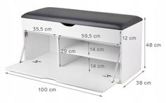 the height of a white cabinet with black top and bottom shelf is shown for measurements