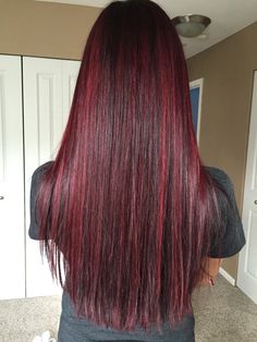 Brown Hair With Cherry Red Highlights, Cherry Red Highlights, Red Hair Streaks, Red Highlights In Brown Hair, Hair Stripes, Red Hair With Highlights, Cherry Red Hair