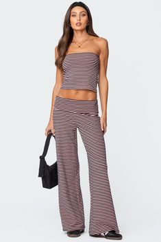 Fold Over Pants, Striped Flare Pants, Waistband Pants, Swimwear Dress, Pattern Matching, Pants Wide Leg, Fold Over, S Models, Flare Pants