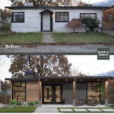 before and after photos of a small house