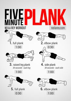 the five minute plank workout is shown in red and black, with instructions to do it