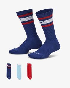 This image presents Nike Everyday Plus
Cushioned Crew Socks (2 Pairs). Play All Day, Nike Fashion, Snug Fit