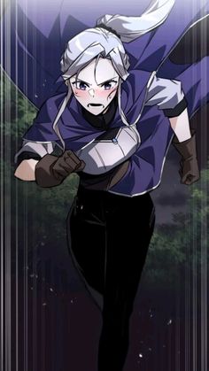 an anime character with long white hair and blue eyes, wearing black pants and gloves