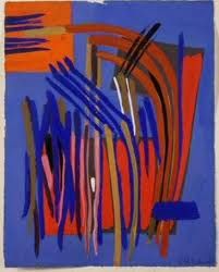 an abstract painting with blue, red and orange colors