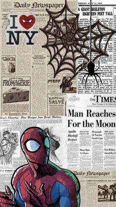 the spider man is sitting on top of newspaper pages