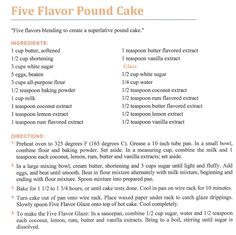 the recipe for five flavor pound cake is shown in an orange and white printable