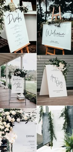 wedding signage with flowers and greenery on the top, bottom right side and bottom left side