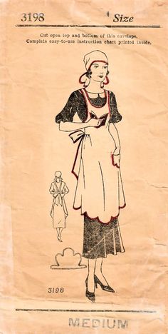 an old paper with a drawing of a woman in aprons and hat on it